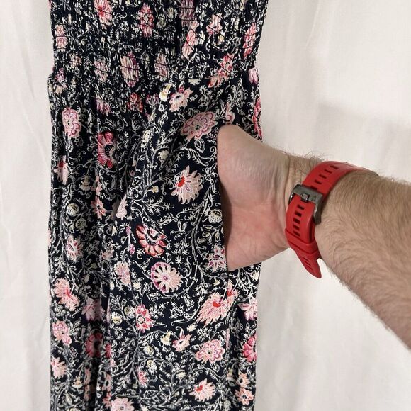 LOFT Jumpsuit Women's XS Black Pink Floral Sleeveless Smocked Top Lightweight - Picture 5 of 9